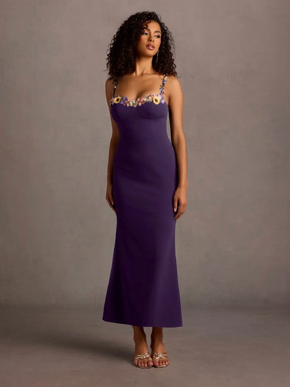 Azazie Jalise Purple Floral-Neckline Maxi Dress NWT